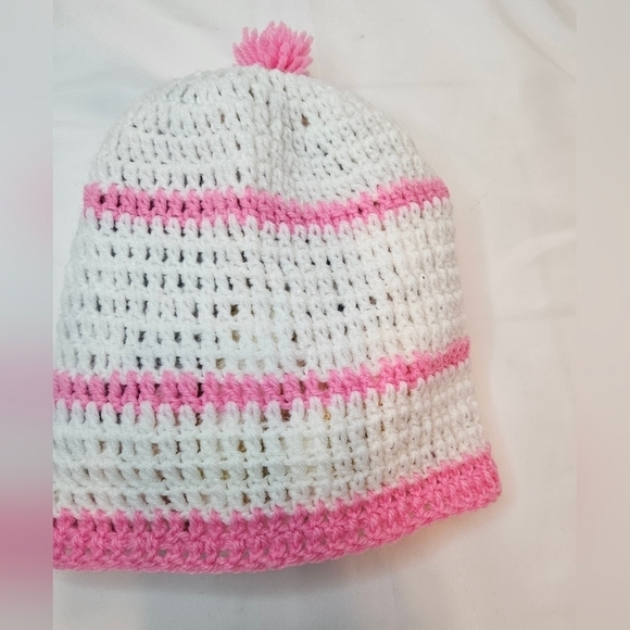 Hand Crafted Knitted beanie Handmade hat white & pink Stripes hand knit pom pom - Picture 7 of 17